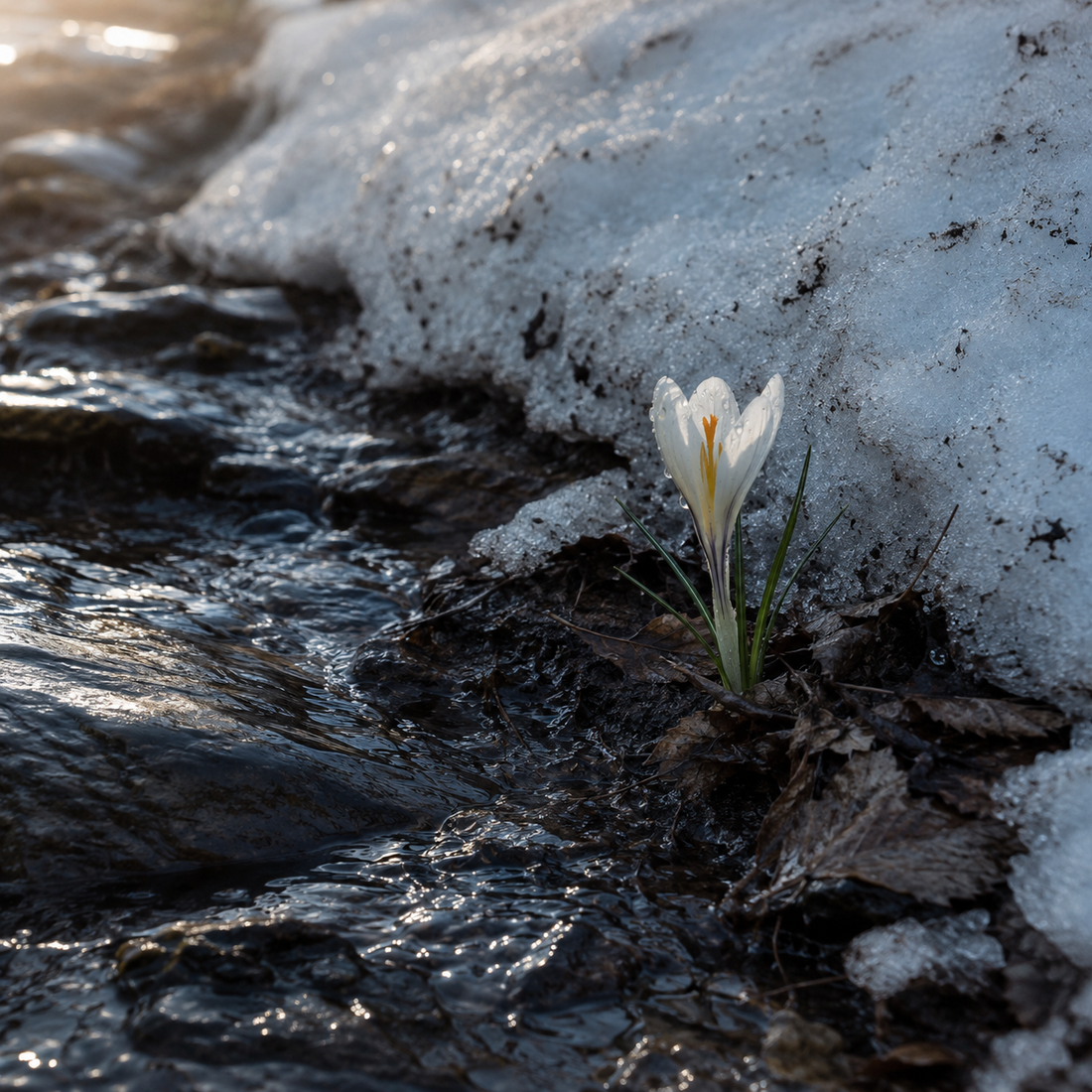 Meltwater running over stone as the first snowdrop breaks through receding snow, the scene behind Memoir&