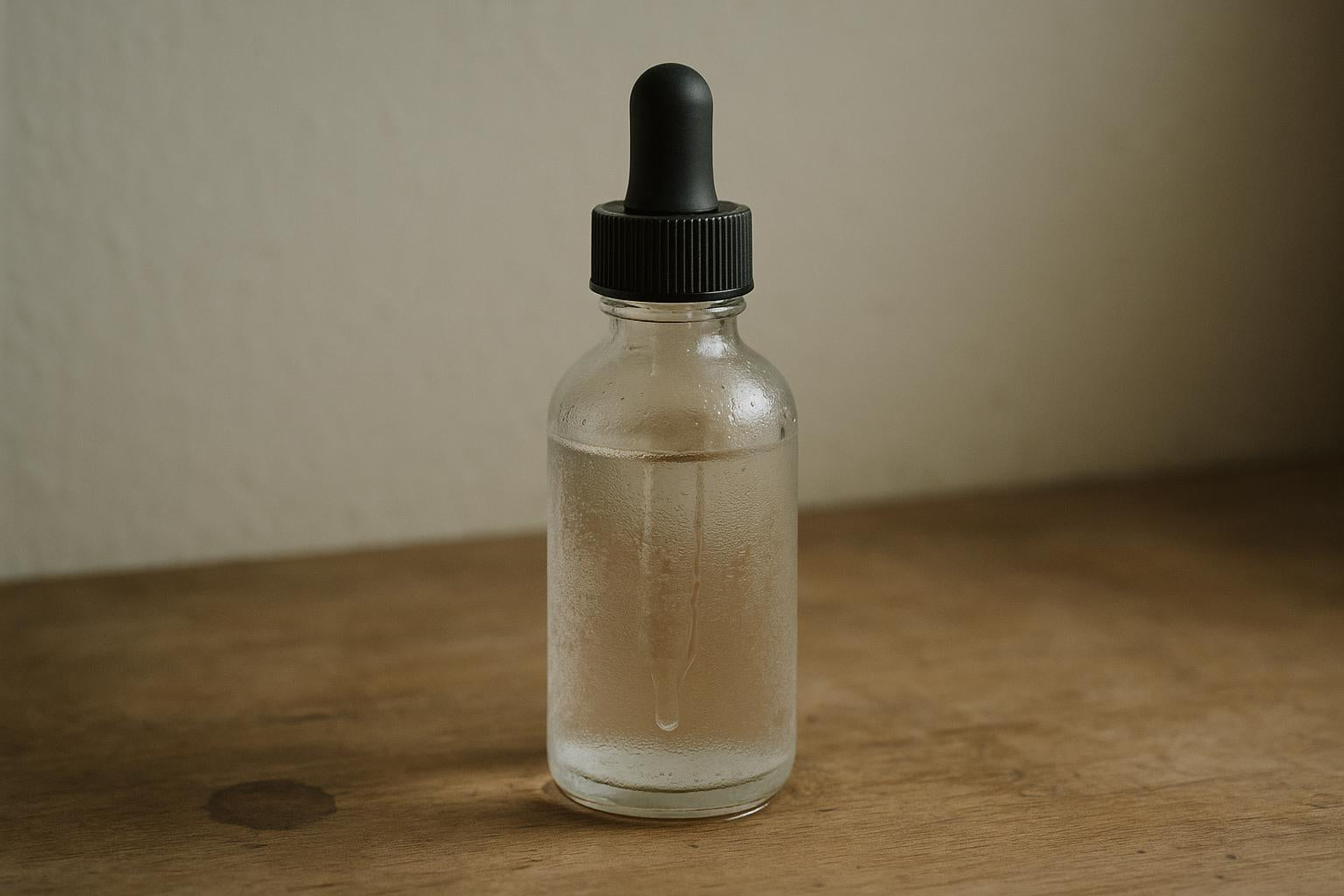 A plain glass dropper bottle just taken out of the fridge, lightly misted with uneven condensation, standing on a wooden counter