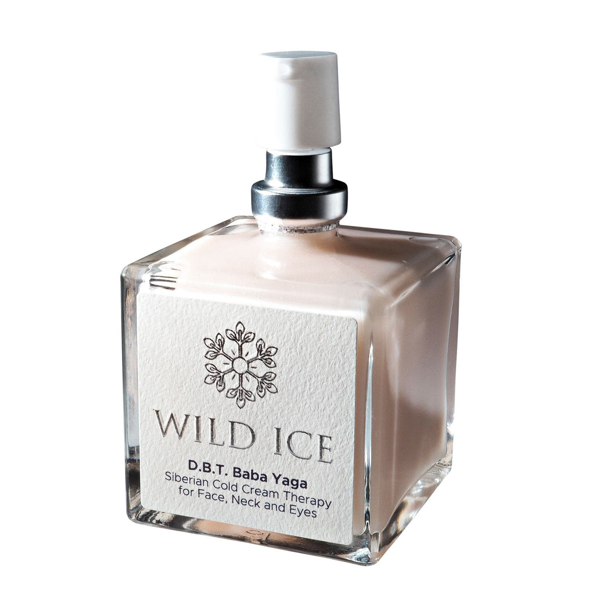 A bottle of D.B.T. Baba Yaga peptide and ceramide face cream with its pump uncovered, against a plain white background