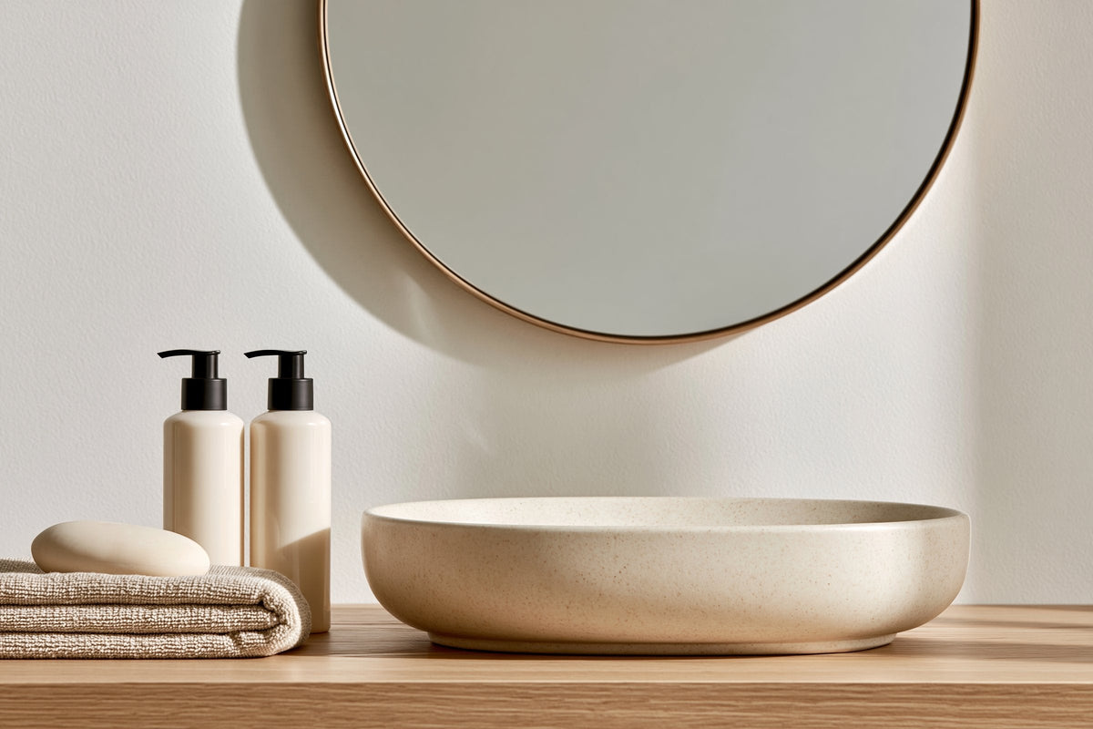 A calm bathroom vanity with a round mirror, a few skincare bottles, soap and a folded towel on a wooden counter in soft morning light