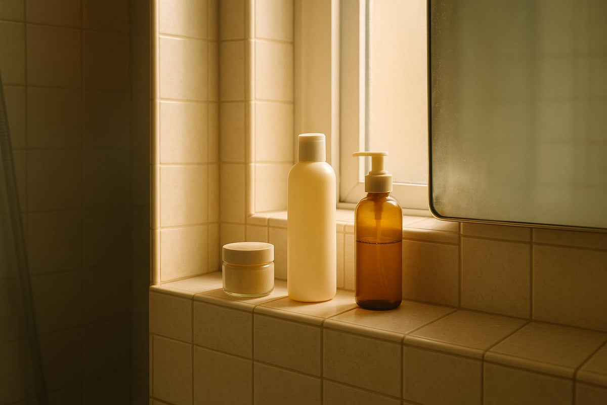 A few unbranded skincare bottles on a bright bathroom windowsill with a faintly fogged mirror and water spots on the tile
