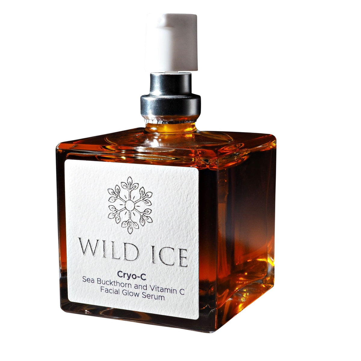 A bottle of Cryo-C vitamin C glow serum, pump uncovered and label facing the camera, against a plain white background