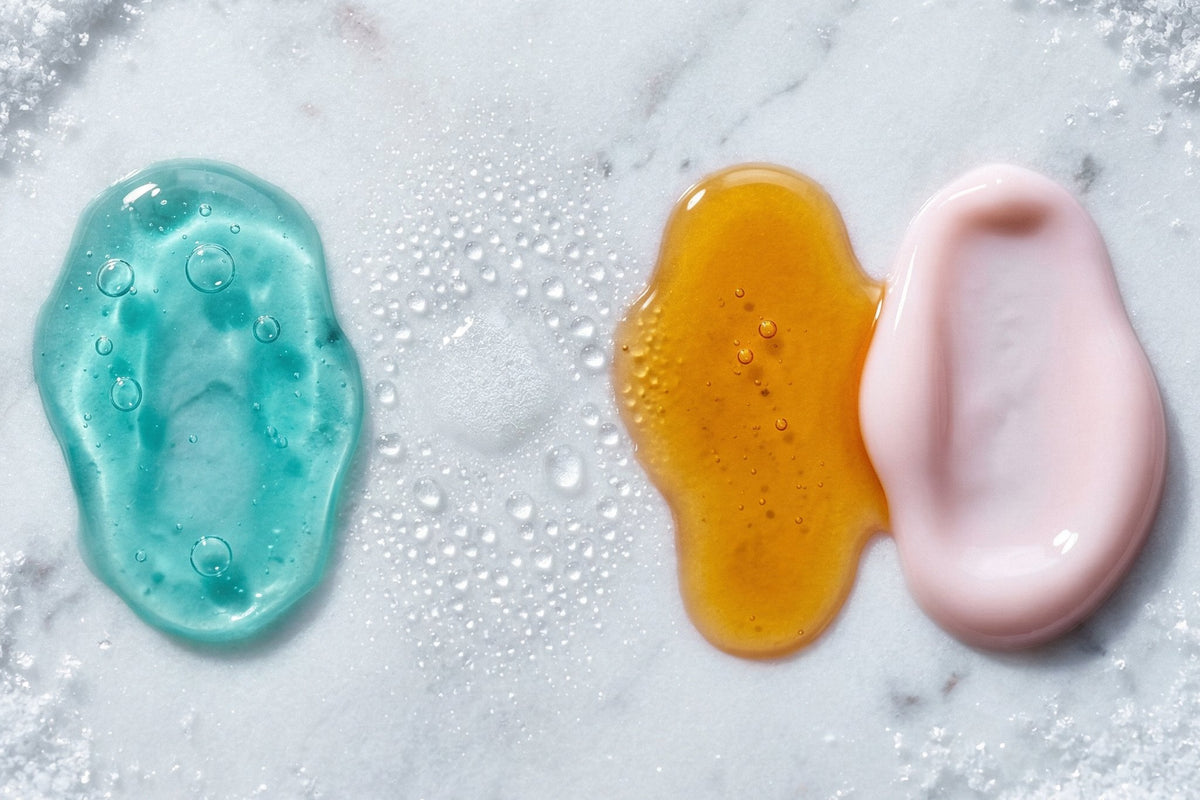 Four fresh swatches of Wild Ice products on white marble dusted with snow: a teal gel, a scatter of clear toner droplets, an amber oil and a pale pink cream