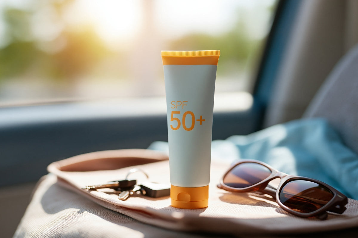 A tube of sunscreen standing on a tray inside a parked car next to sunglasses and keys, with bright sunlight coming through the window