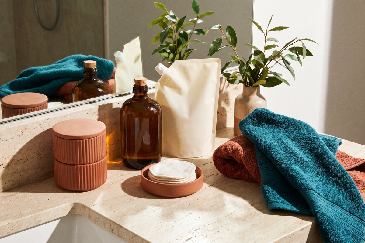 Amber glass bottles, terracotta jars, a refill pouch and folded towels on a bathroom vanity counter in direct sunlight with hard shadows
