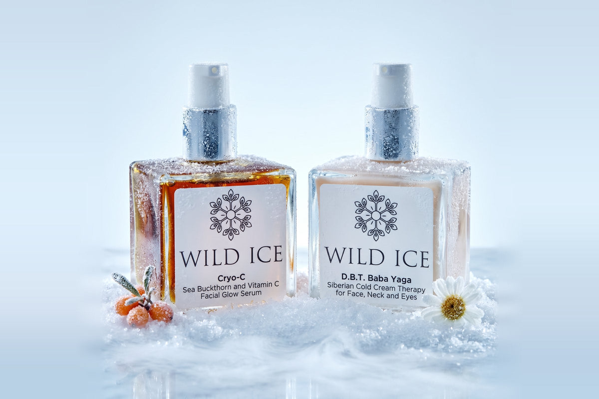 The Cryo-C vitamin C serum and the D.B.T. Baba Yaga cream frosted over with their pumps uncovered, standing side by side in snow