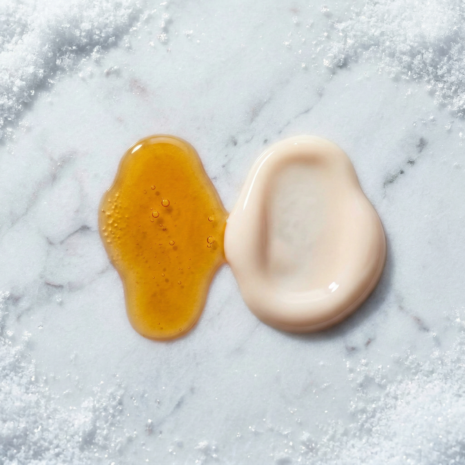 The Glow Duo textures swatched together, Cryo-C serum beside D.B.T. Baba Yaga cream