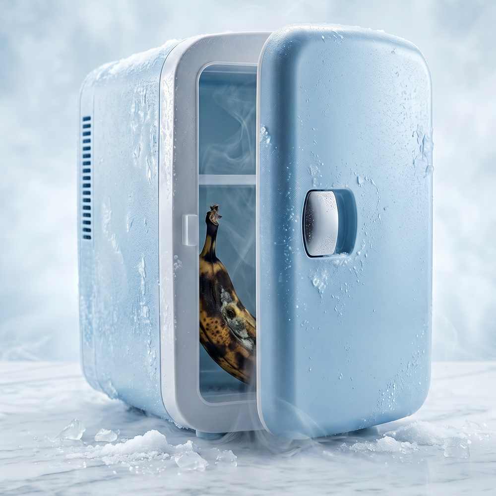 A browned banana inside an icy blue beauty fridge on a marble counter