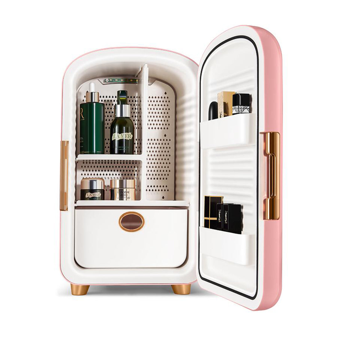 Skincare mini fridge with door open and products being chilled for freshness.