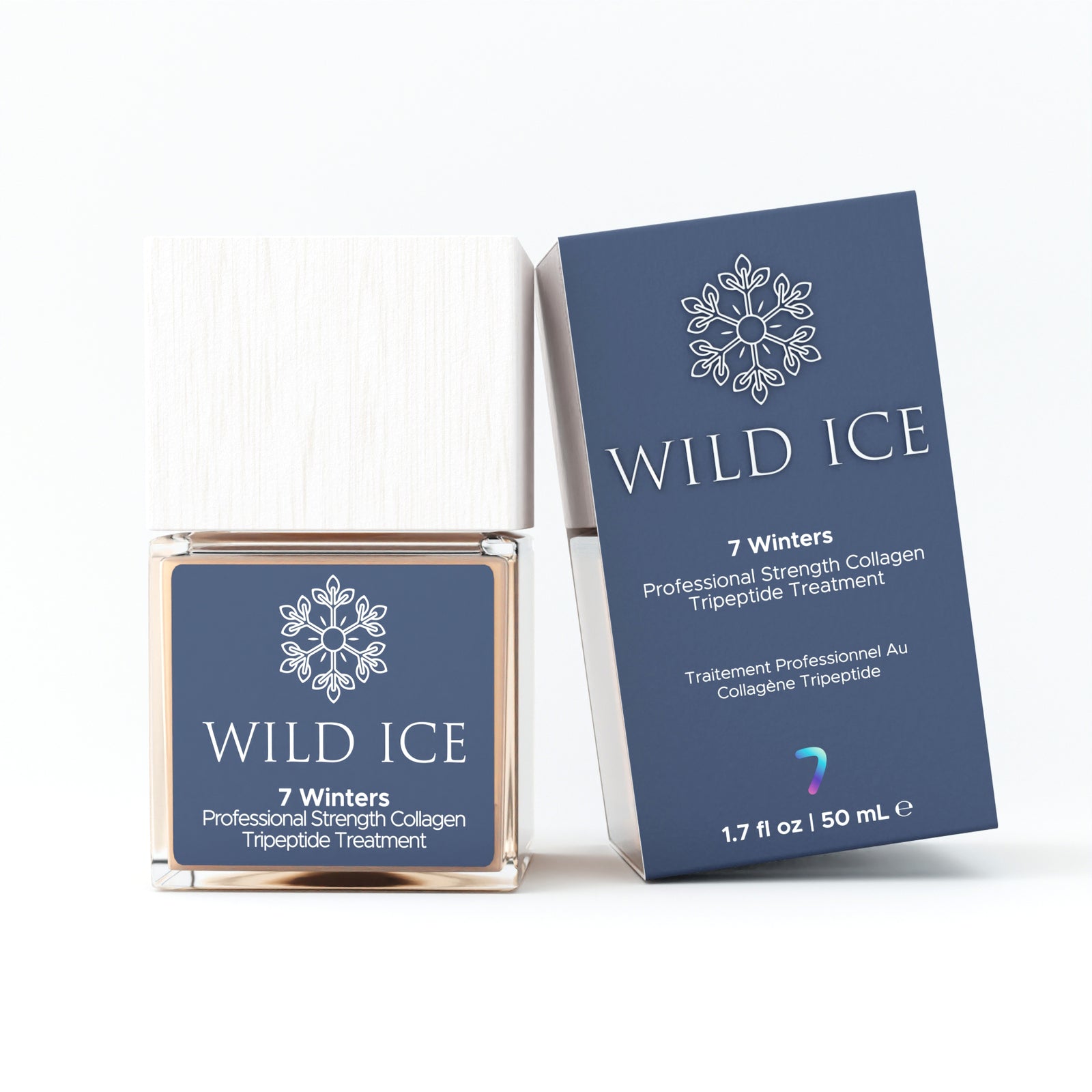 7 Winters Professional Strength Collagen Tripeptide Treatment bottle with a white wood cap beside its navy retail box
