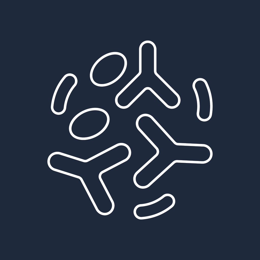 Bacterial digestion icon, white line art on brand navy