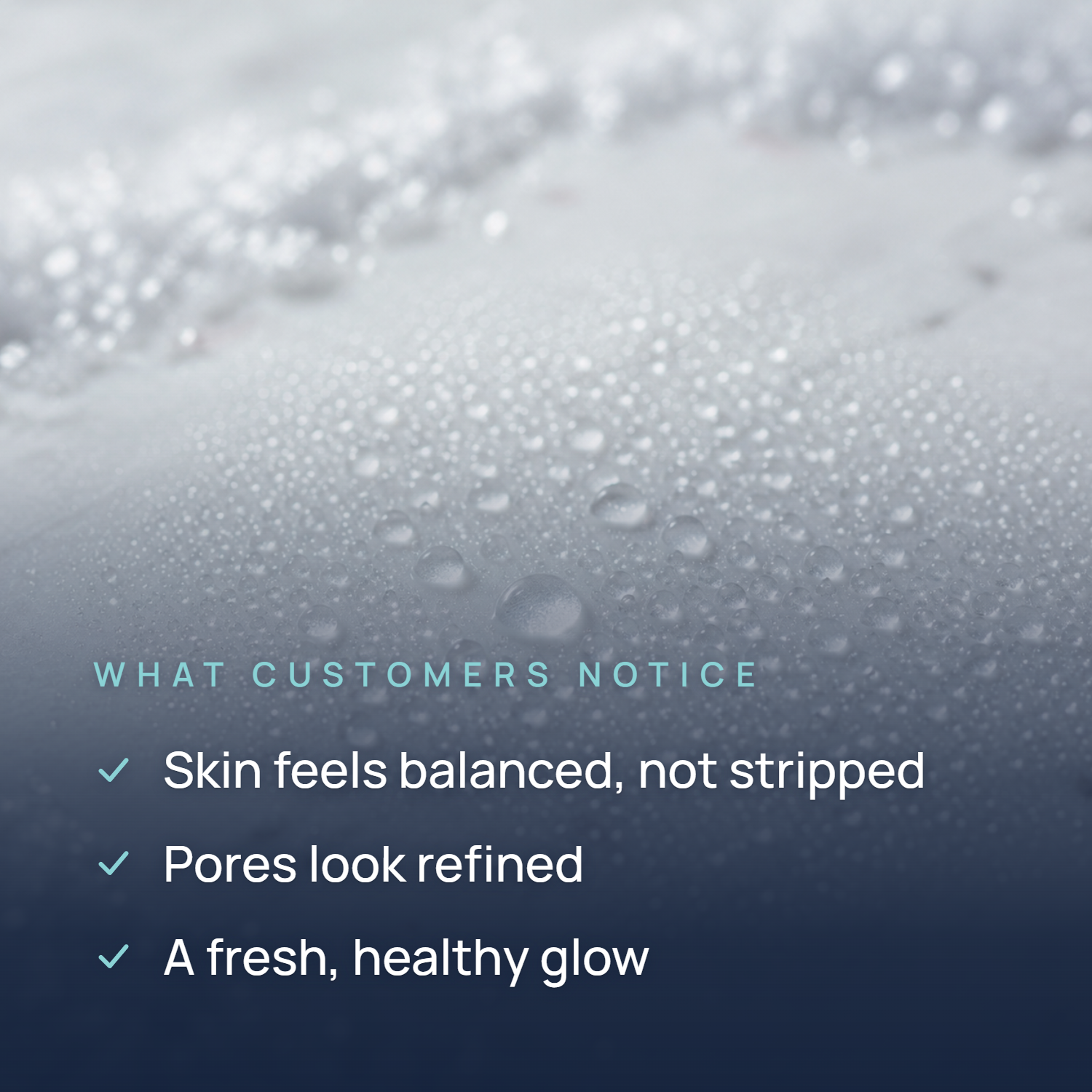 Card over a dewy texture listing what customers notice with Gaea's Gala: balanced skin, refined pores, healthy glow.