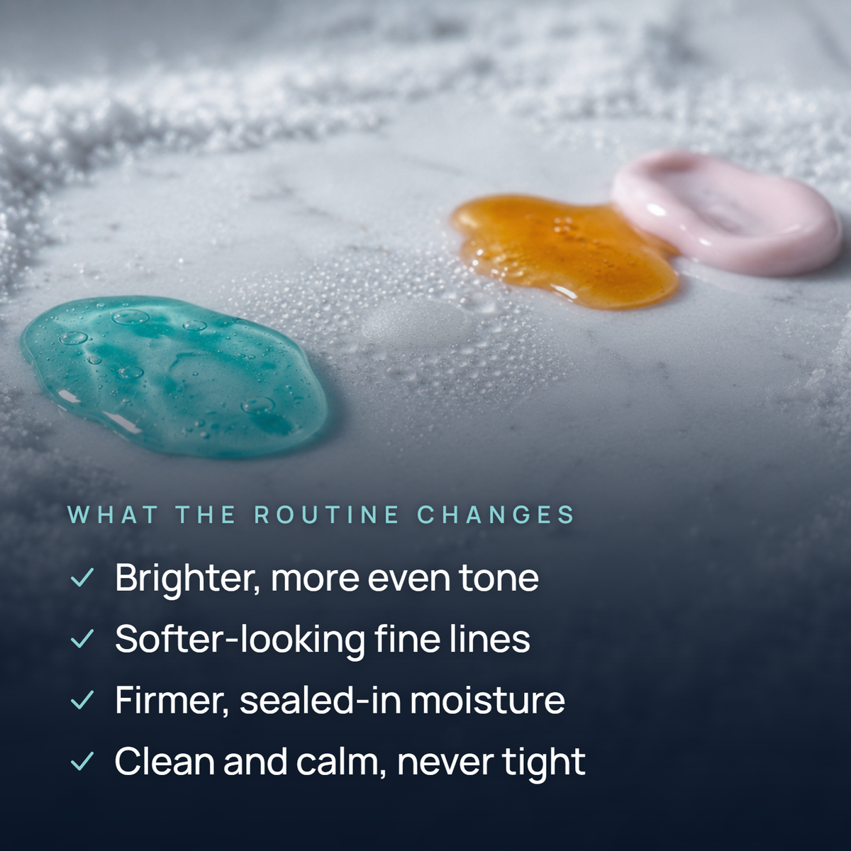 A graphic listing what the Essentials Routine changes: brighter tone, softer fine lines, firmer moisture, calmer skin