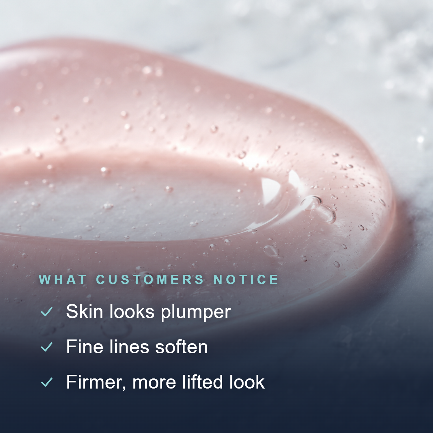 A swatch of 7 Winters collagen gel with a checklist: skin looks plumper, fine lines soften, firmer and more lifted look.