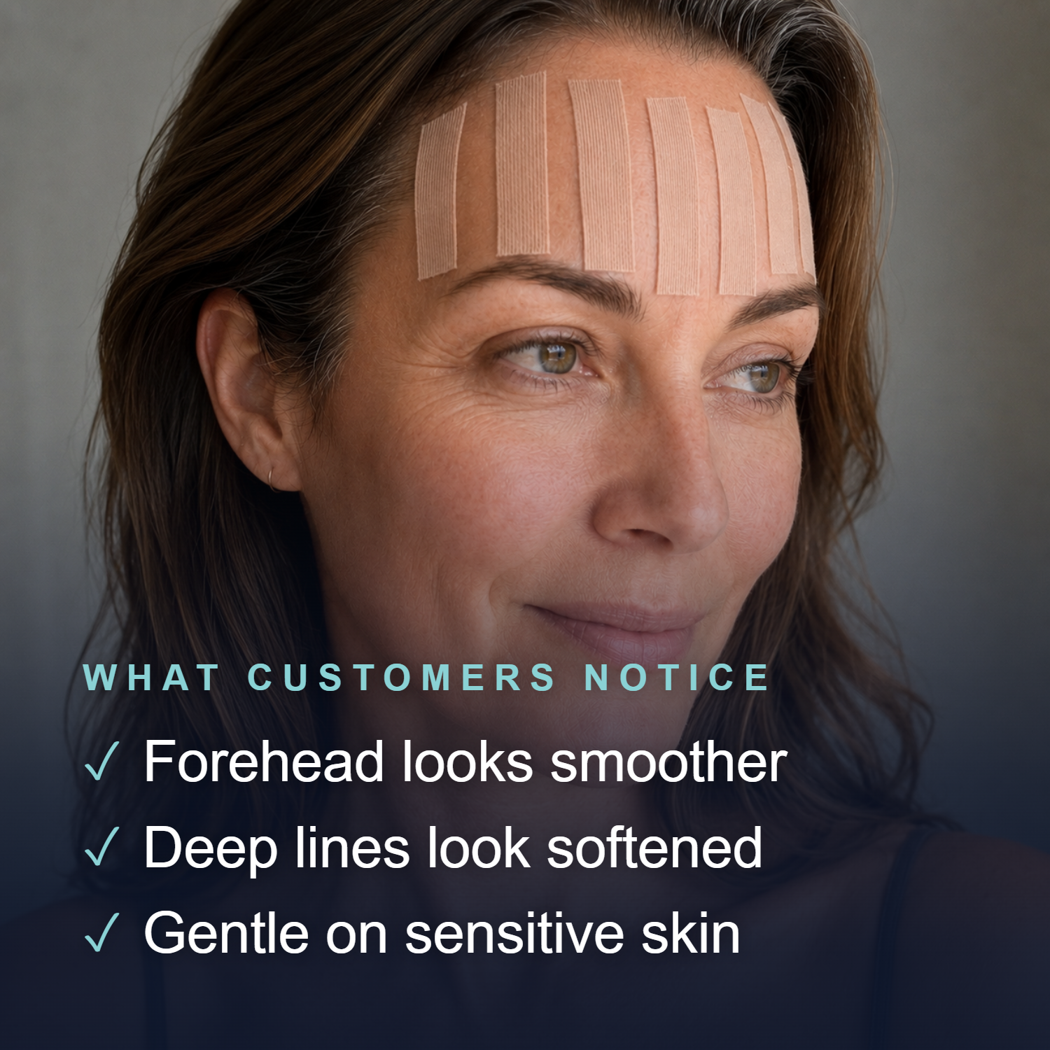 Card of a woman wearing Chrysalis tape on her forehead with benefits: smoother forehead, softened lines, gentle on skin