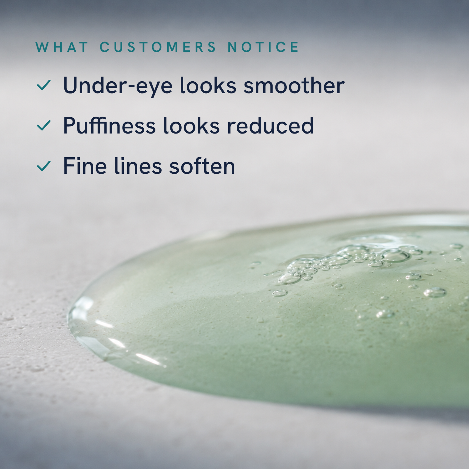 Eyecicle serum texture with a benefits list: under-eye looks smoother, puffiness reduced, fine lines soften