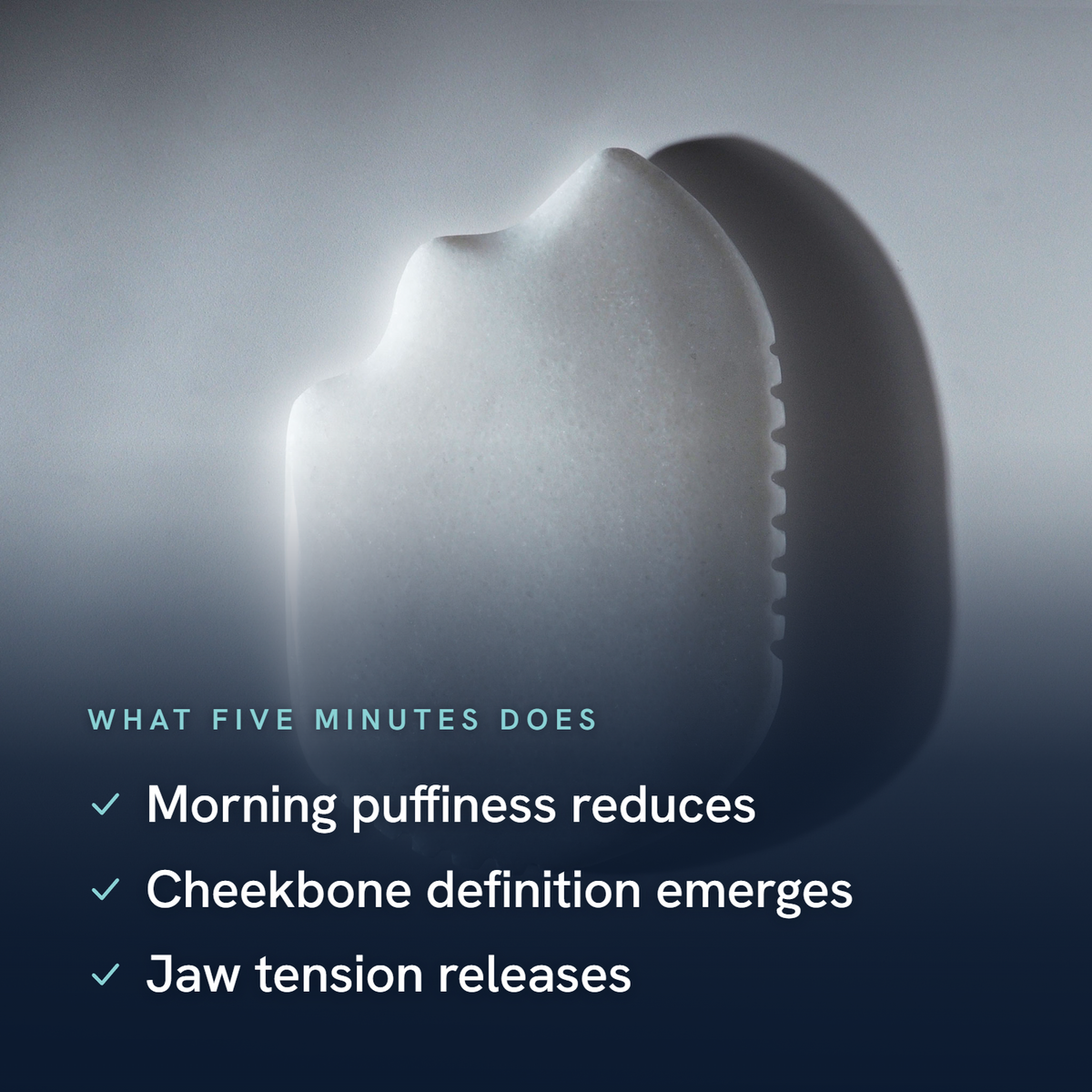 Mammoth's Tooth stone beside a card of five-minute benefits: less puffiness, jaw tension relief, cheekbone definition