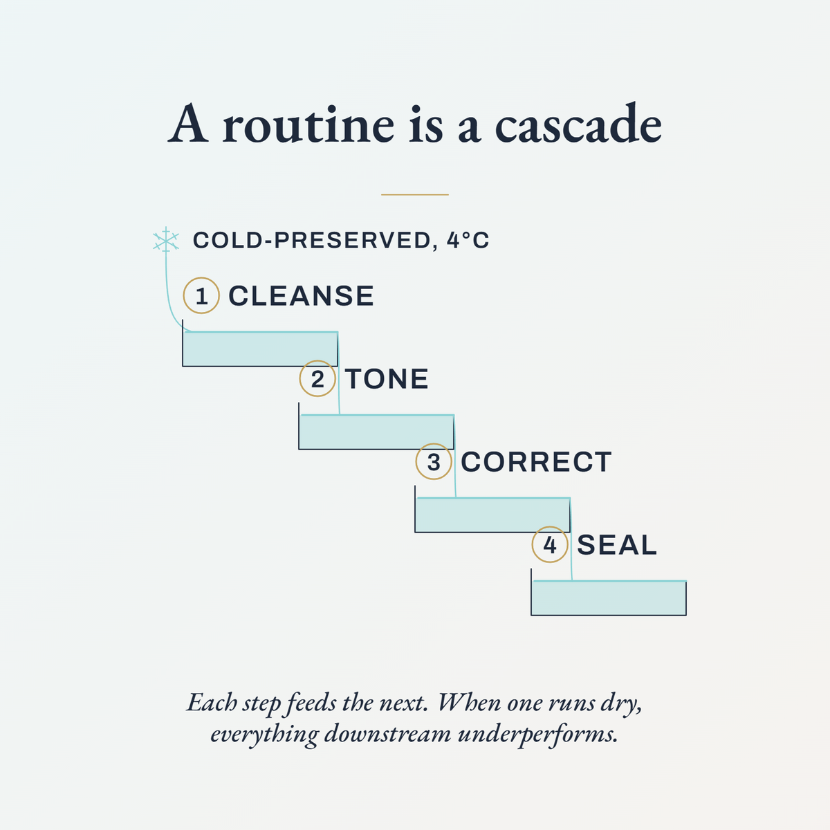 Diagram of the Essentials Routine as four cascading pools: cleanse, tone, correct, seal, each step feeding the next