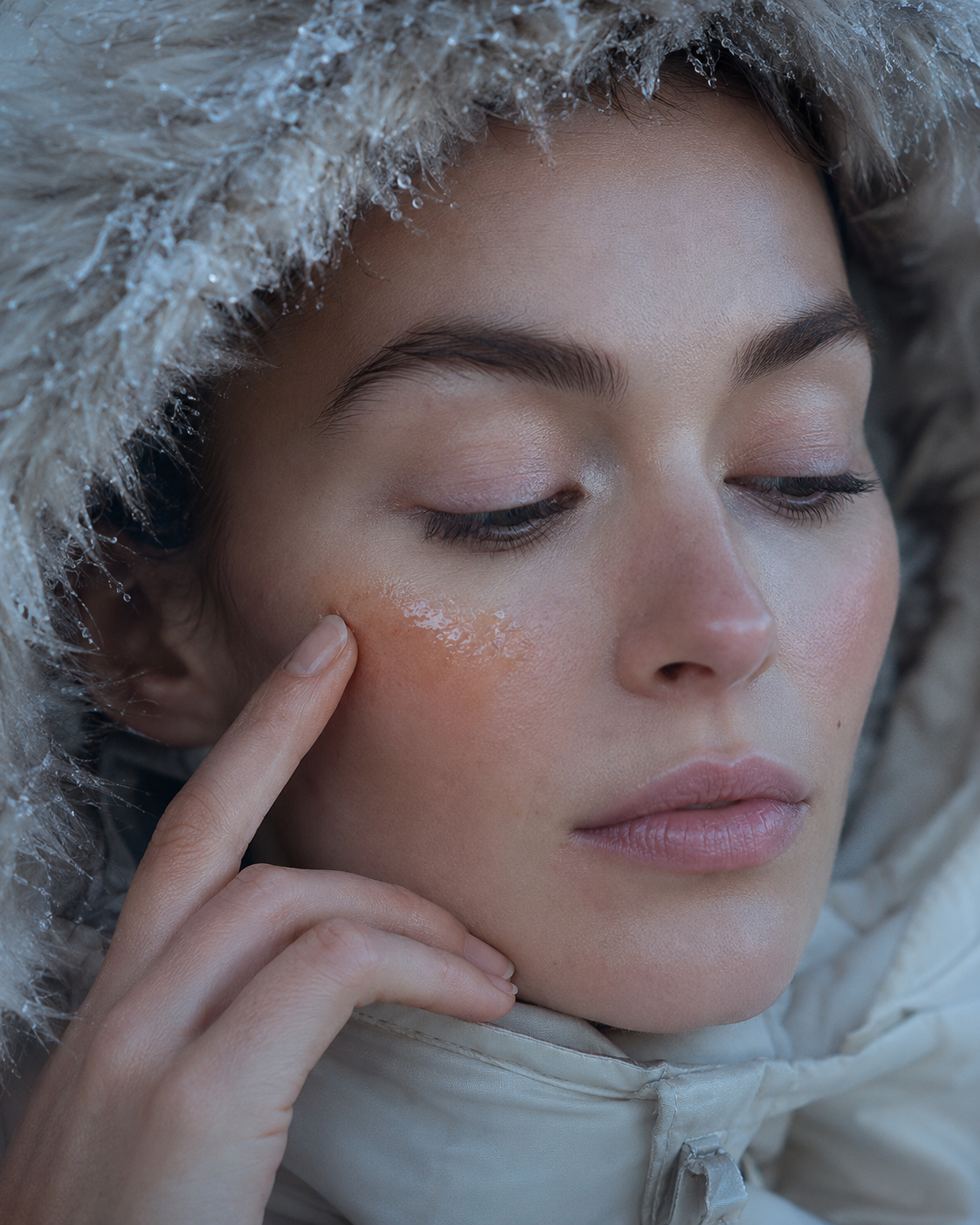 Close-up of a model patting Cryo-C serum into her cheek