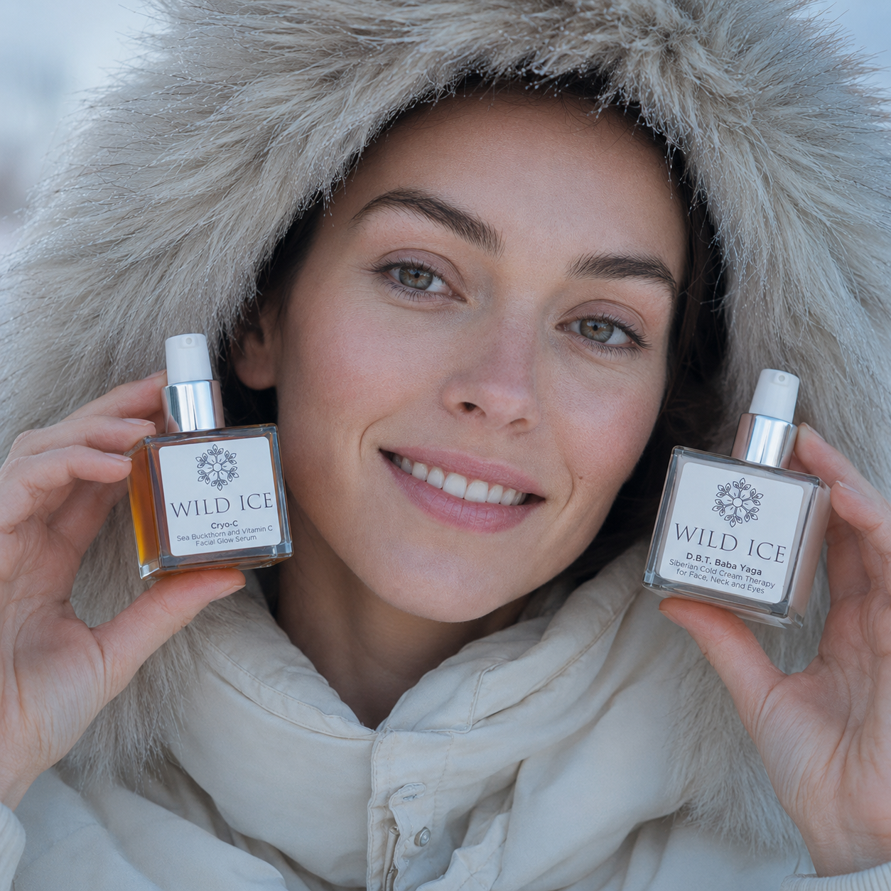 Face 1 holding one bottle in each hand, raised beside her face