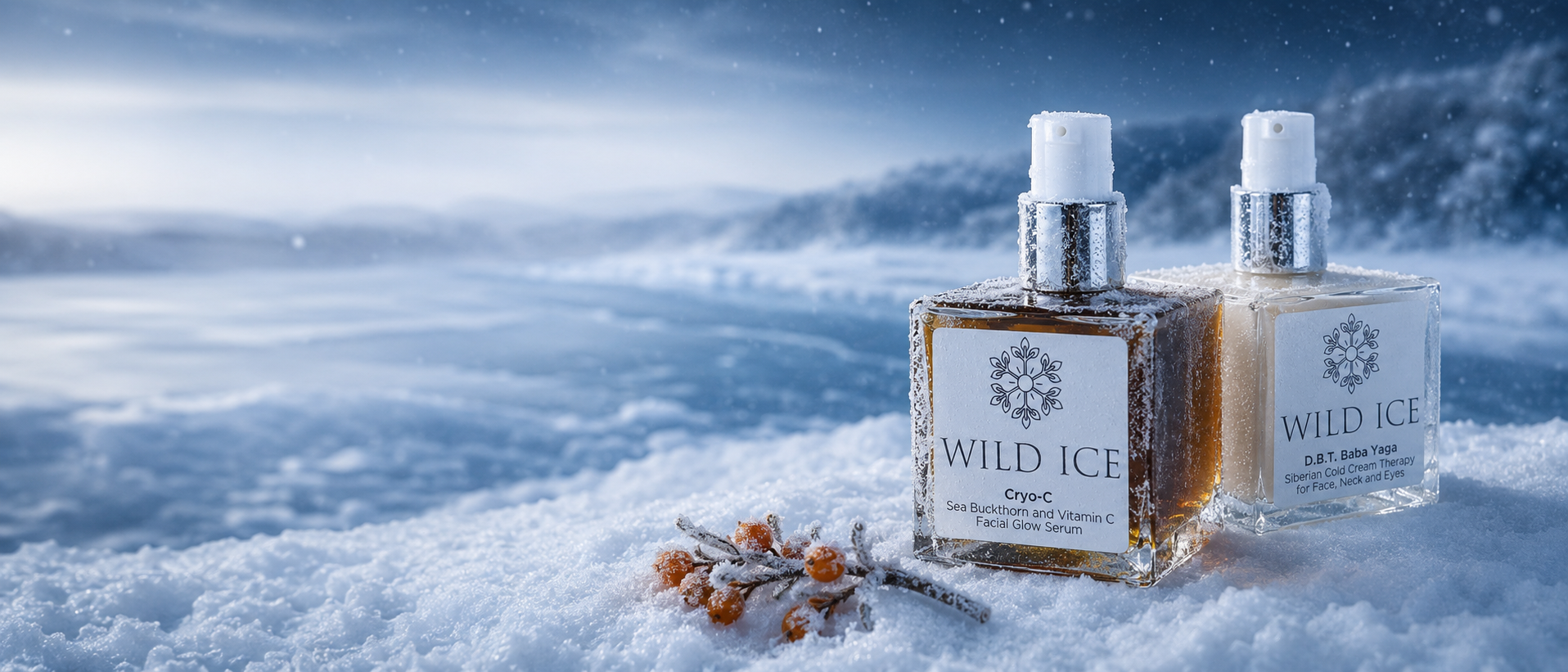 Wild Ice Cryo-C and D.B.T. Baba Yaga bottles frost-crusted in snow beside a frozen lake