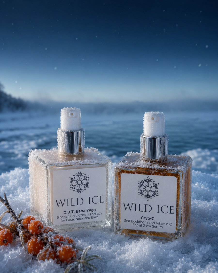 Wild Ice D.B.T. Baba Yaga and Cryo-C bottles frost-crusted in snow beside a frozen lake