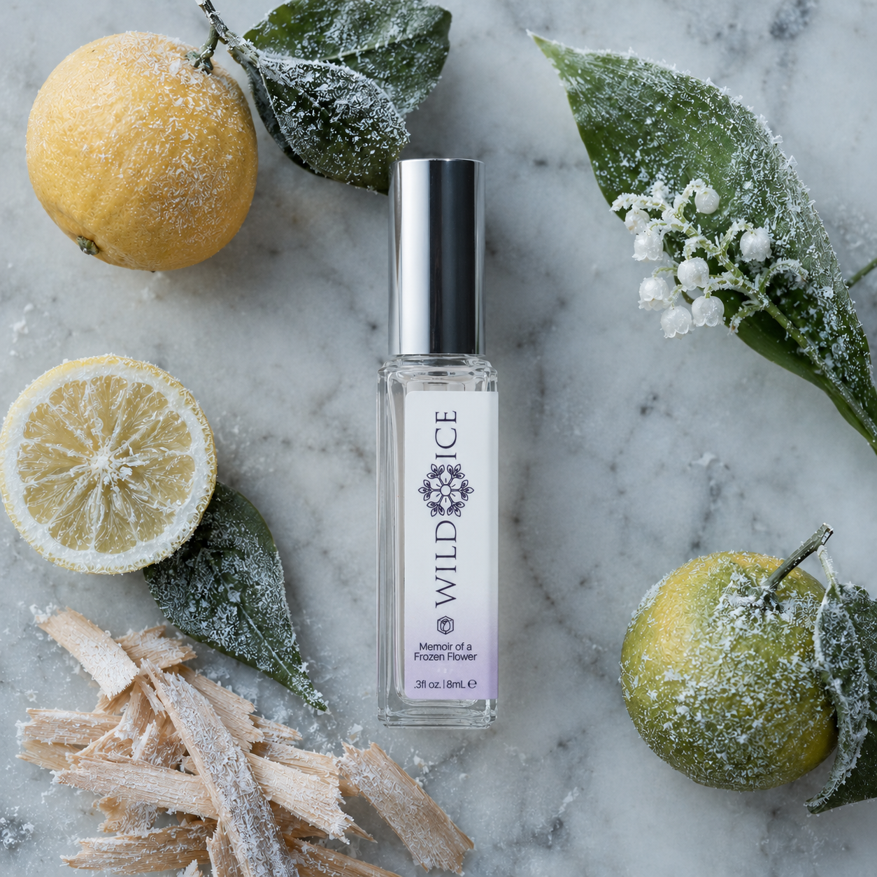 Mini Memoir of a Frozen Flower: Clean Perfume, Parfum Strength, cold-preserved skincare by Wild Ice Botanicals, styled scene