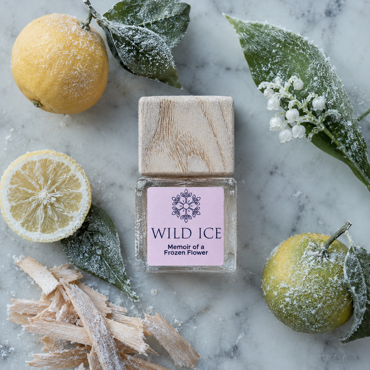 Memoir of a Frozen Flower: Clean Perfume, Parfum Strength, cold-preserved skincare by Wild Ice Botanicals, styled scene
