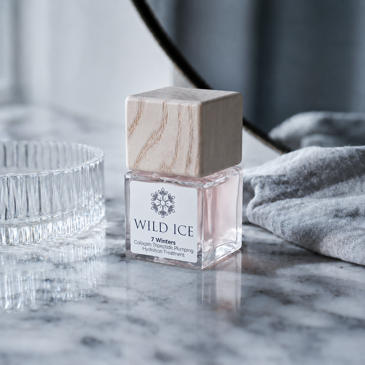 7 Winters: Collagen & Tripeptide Plumping Serum, cold-preserved skincare by Wild Ice Botanicals, on a vanity