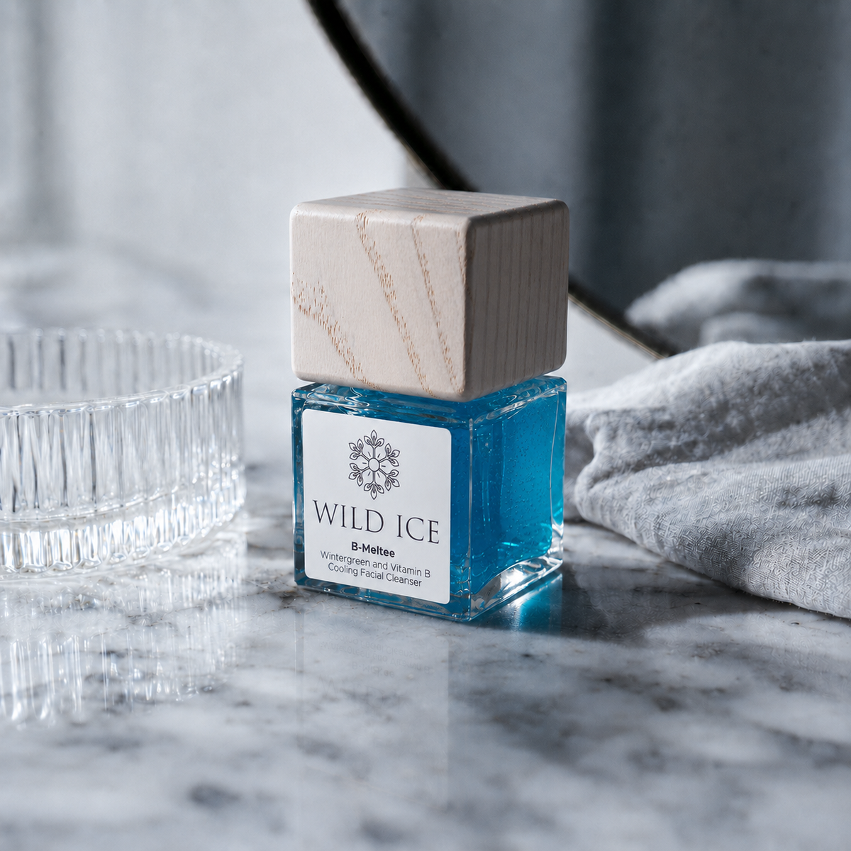 B-Meltee: Cooling Niacinamide Cleanser, cold-preserved skincare by Wild Ice Botanicals, on a vanity