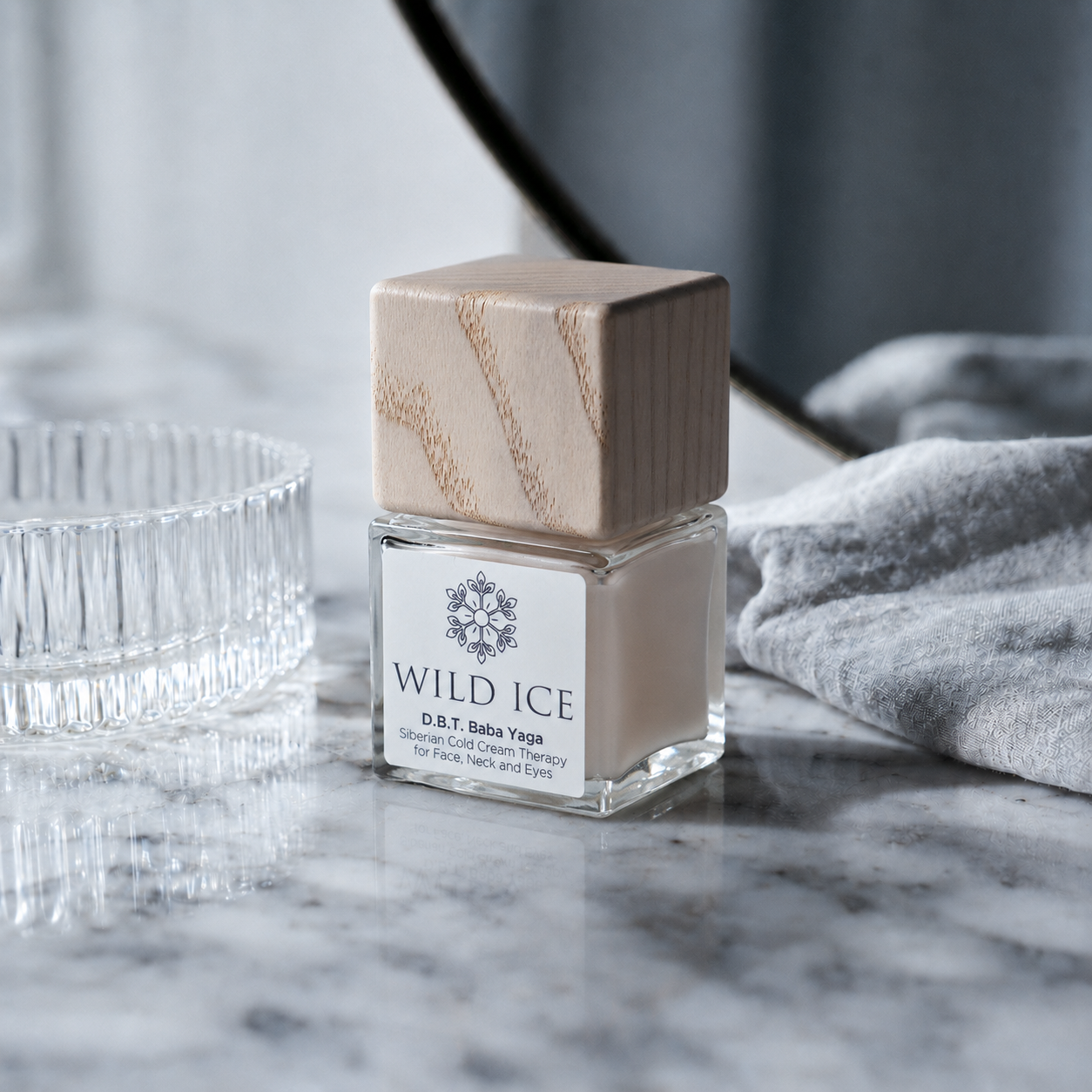 D.B.T. Baba Yaga: Peptide & Ceramide Face Cream, cold-preserved skincare by Wild Ice Botanicals, on a vanity