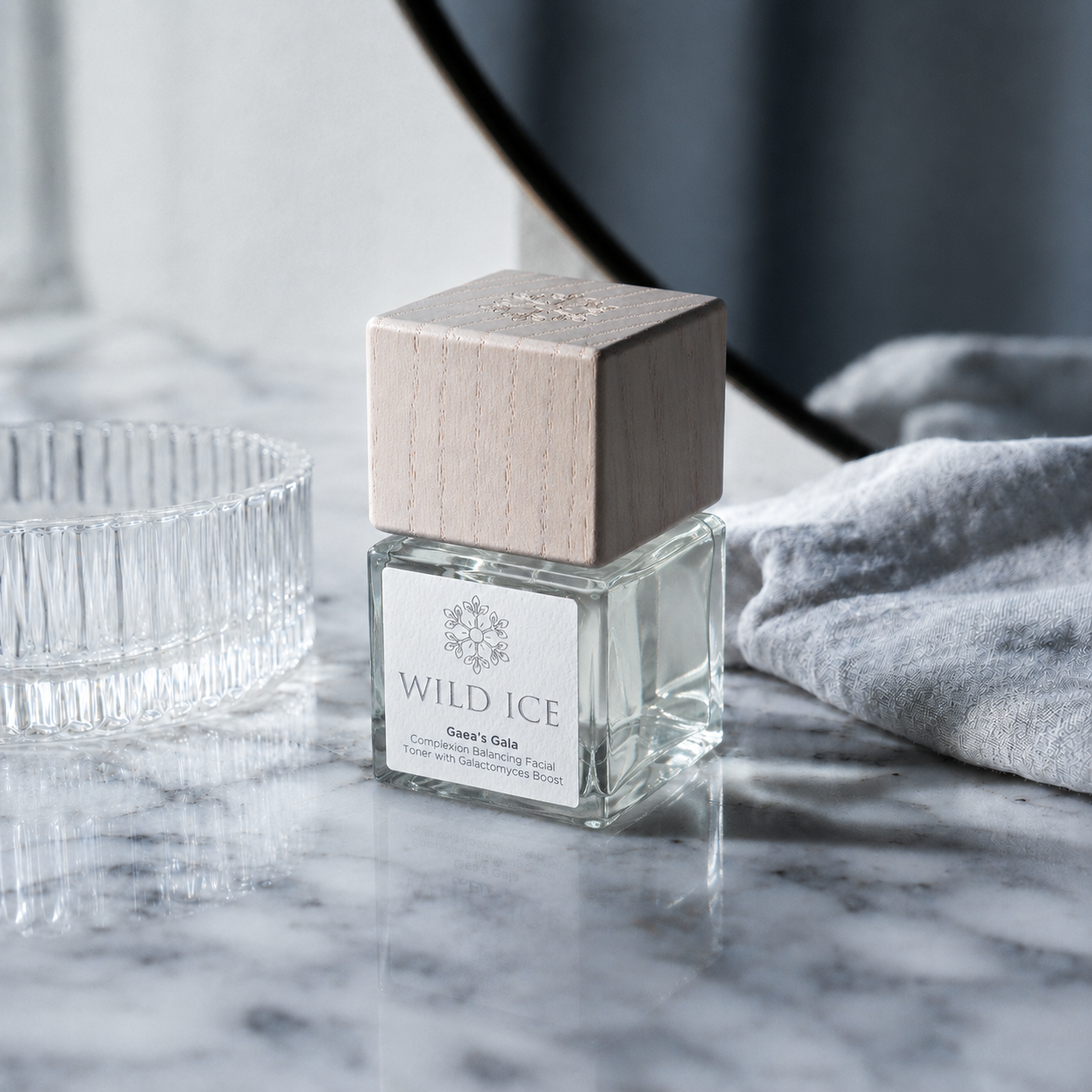 Gaea's Gala: Galactomyces Ferment Toner, cold-preserved skincare by Wild Ice Botanicals, on a vanity
