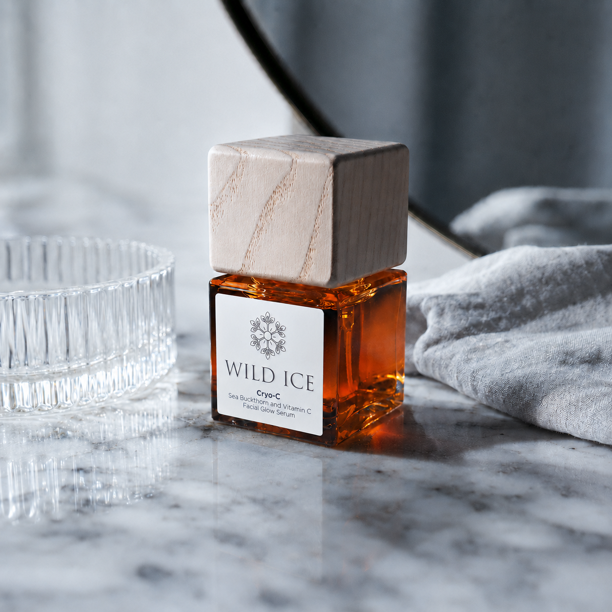 Cryo-C: Vitamin C Glow Serum, cold-preserved skincare by Wild Ice Botanicals, on a vanity
