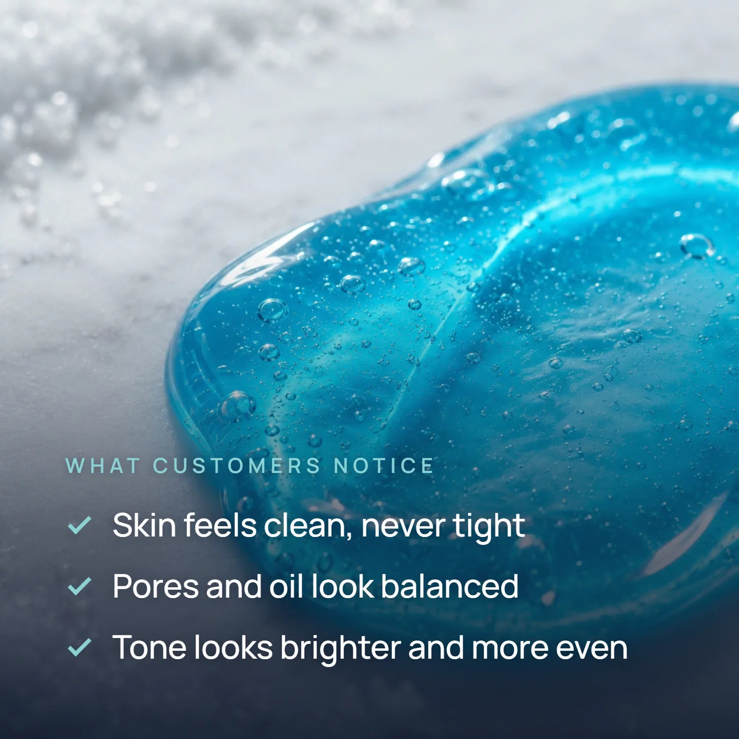 B-Meltee blue gel swatch with a benefits list: skin feels clean, pores look balanced, tone looks brighter