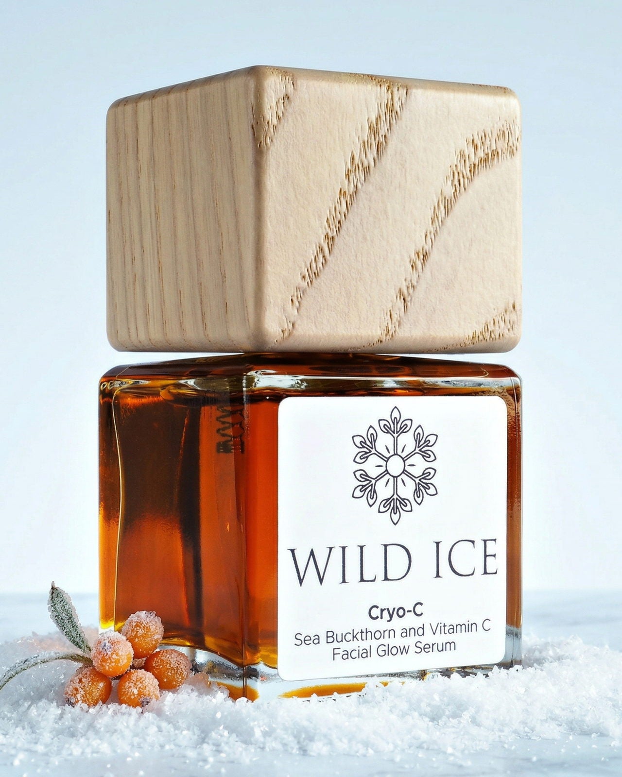 A Wild Ice Cryo-C bottle, cap on, frosted over from cold storage