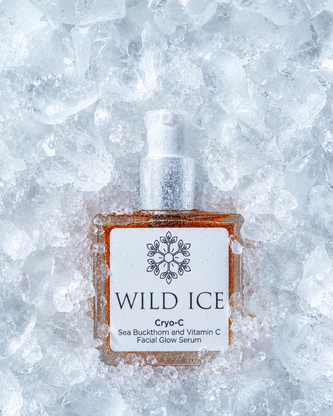 A Wild Ice Cryo-C bottle resting in a bed of real crushed ice