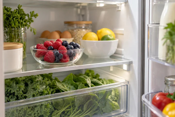 Berries and leafy greens stored in an open household refrigerator, an editorial illustration