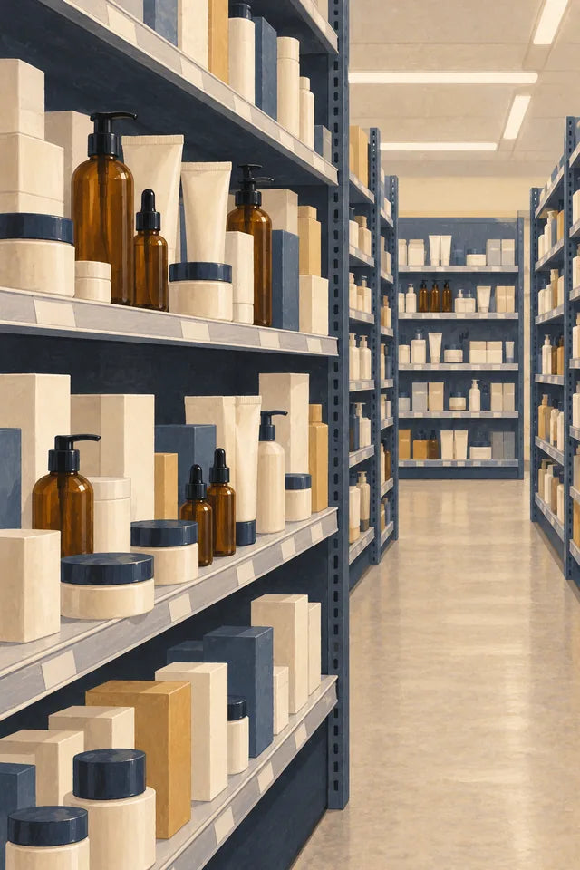 Illustration of skincare bottles on store shelves