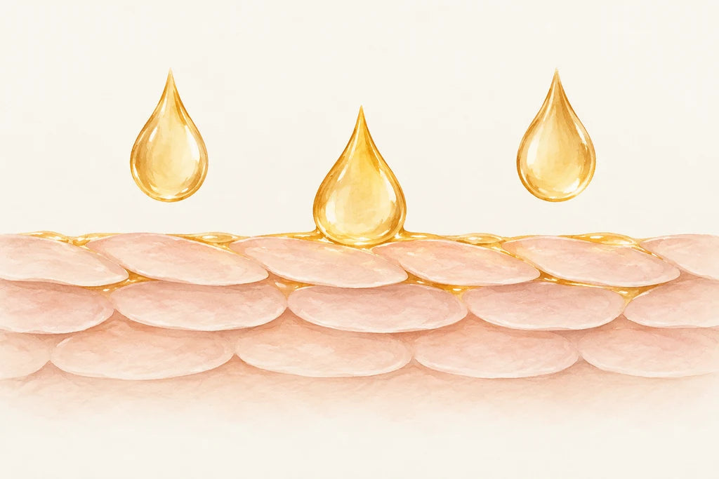 Golden oil droplets spread around the outermost skin cells.