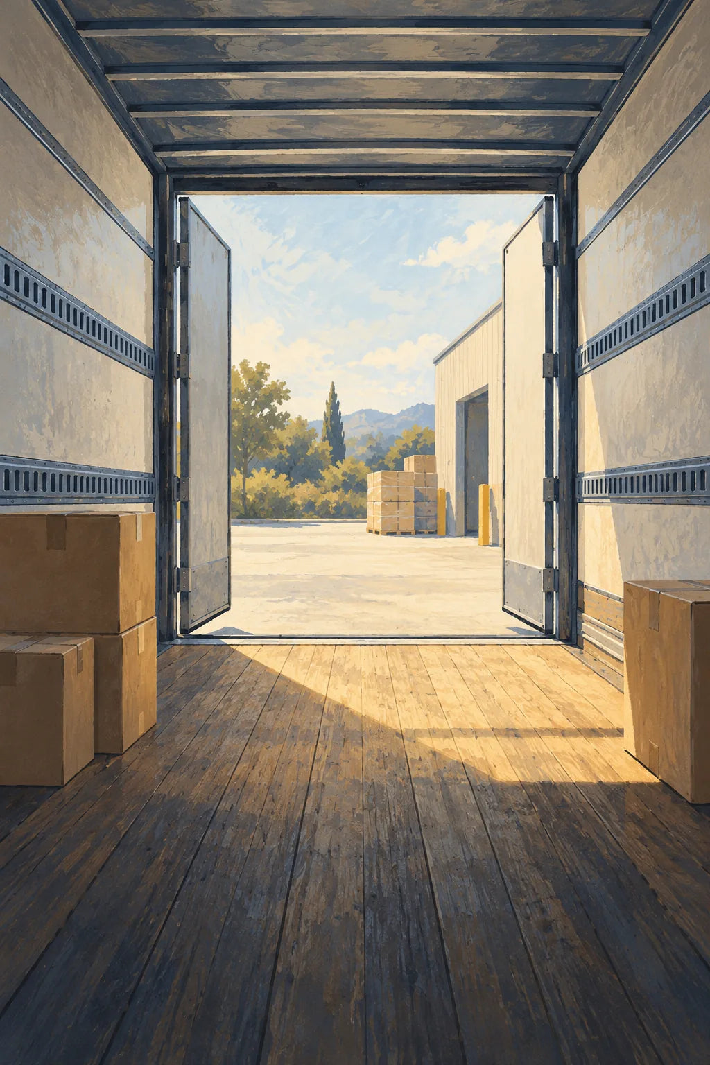 Illustration of cartons inside a sunlit delivery trailer
