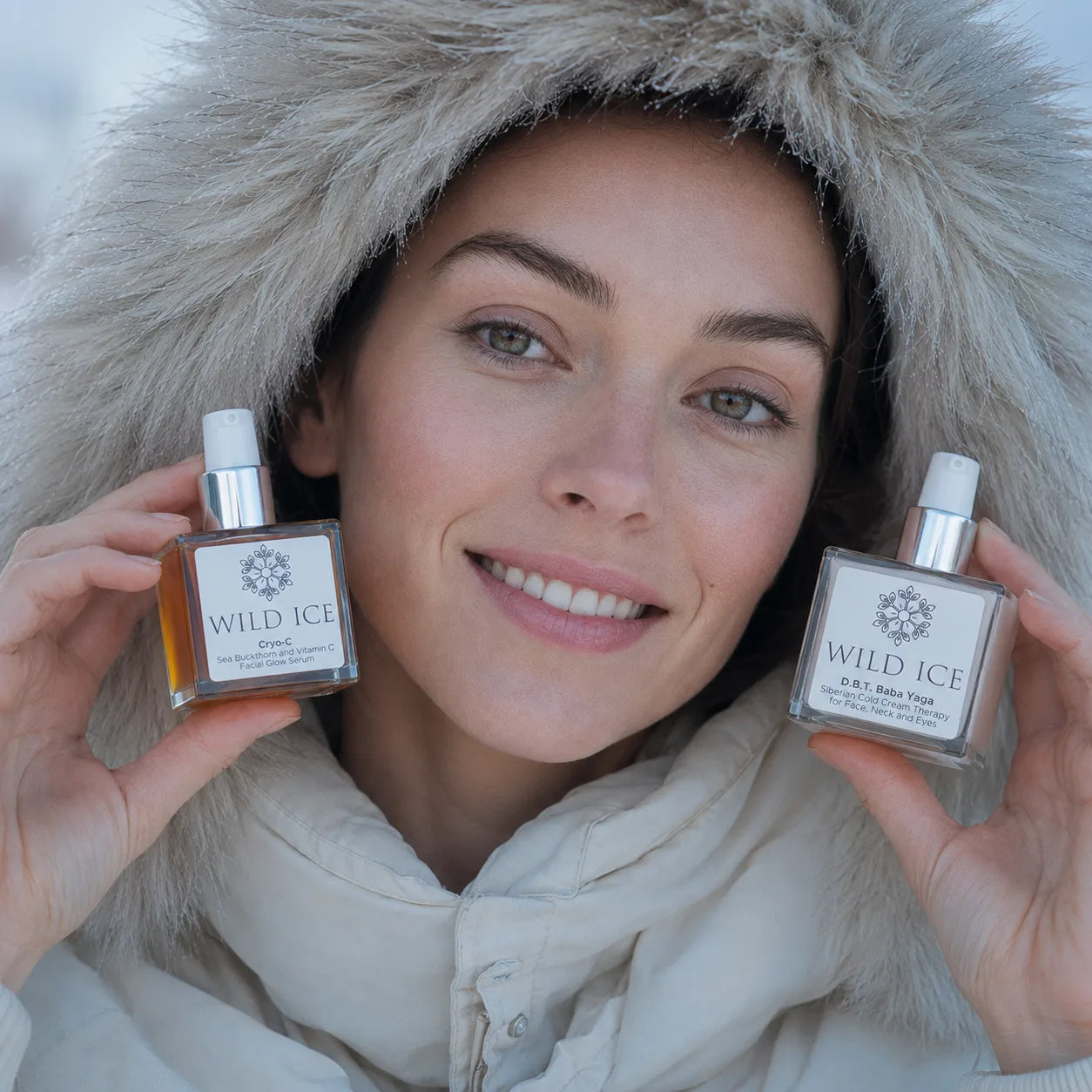 Face 1 holding one bottle in each hand, raised beside her face