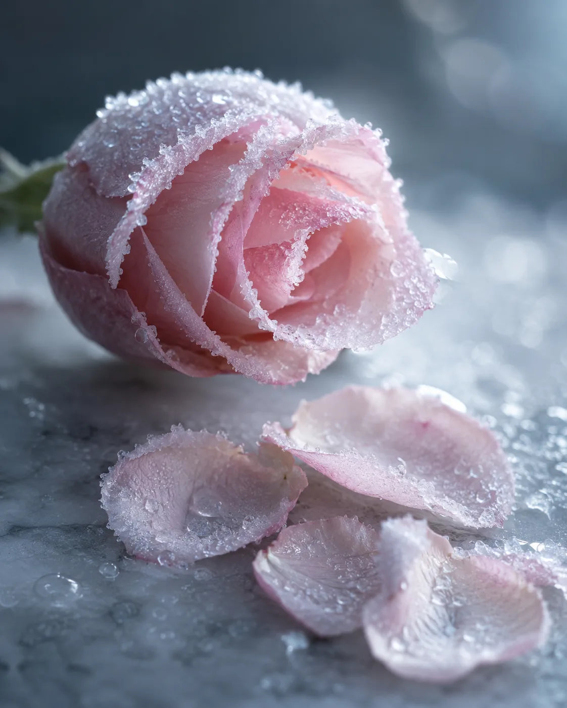 Frosted Rosa damascena bloom, the soothing botanical in D.B.T. Baba Yaga